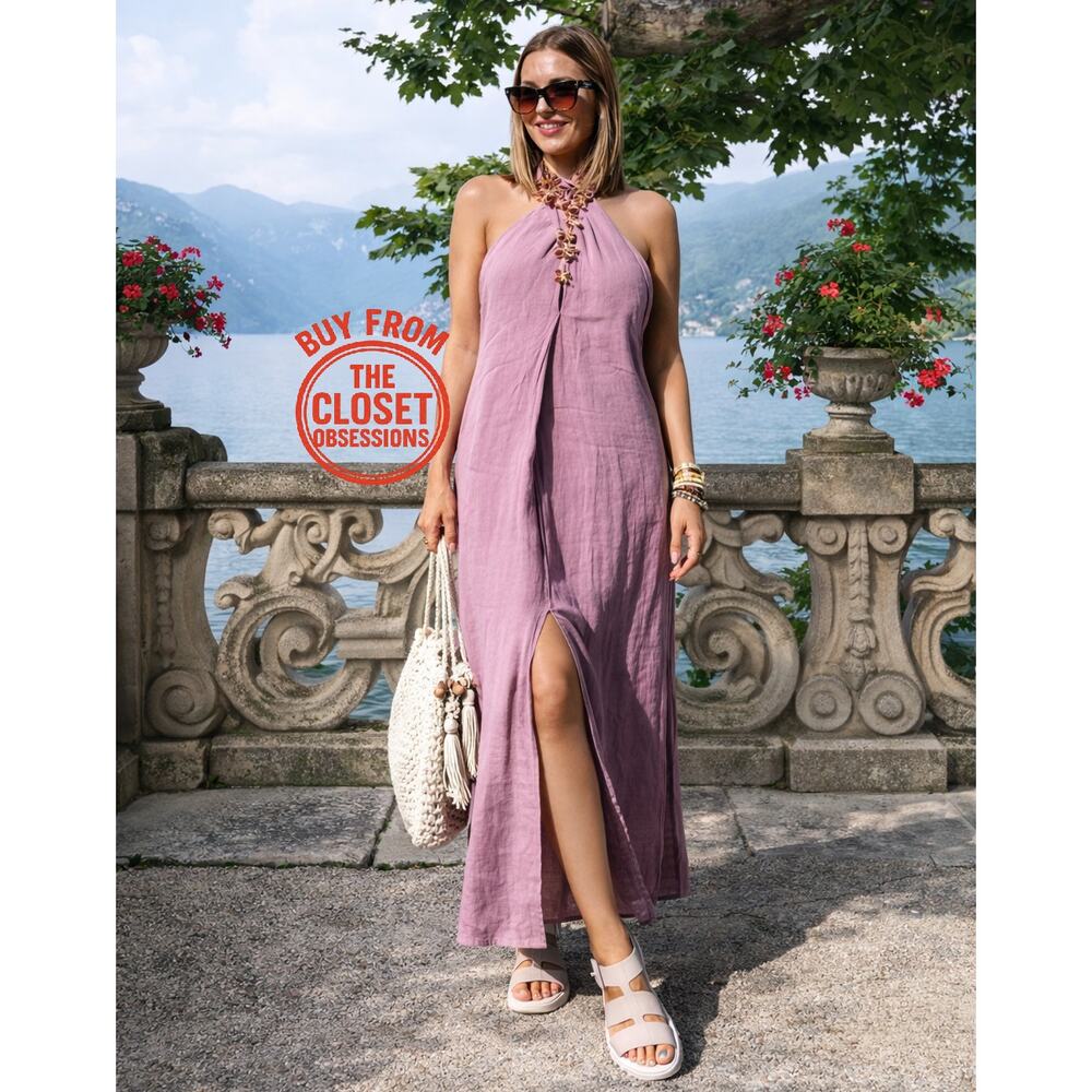 ZARA 100% Linen Open Back Halter Midi Dress Lilac Vacation Resort NWT M